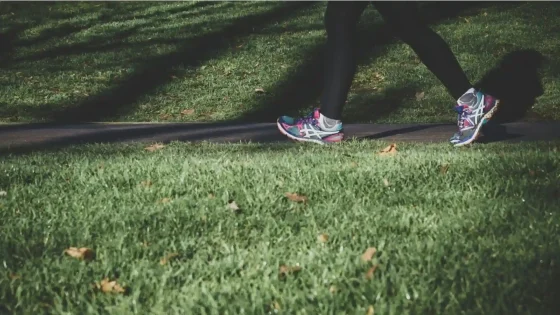 a person walking on a grassy path with fallen leaves