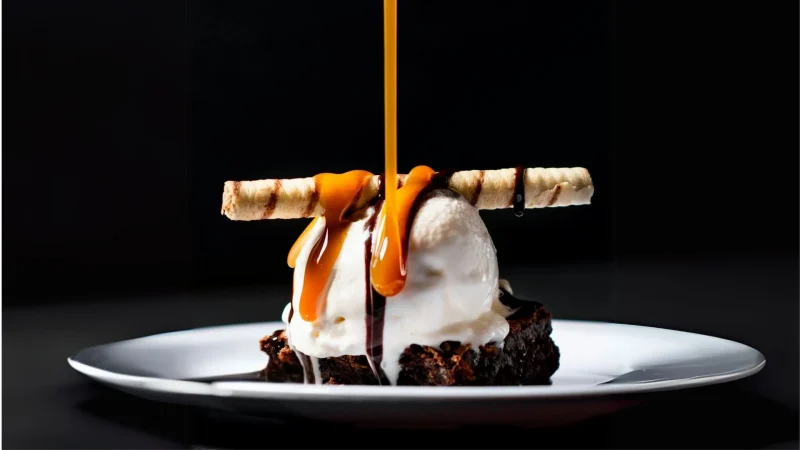 Decadent dessert challenging diet myths, featuring a caramel drizzle over ice cream and brownie