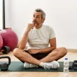 Middle-aged man pondering on a yoga mat, surrounded by fitness gear like kettlebells and a pink exercise ball, in a home gym setup for healthy interventions