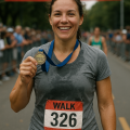woman finishing a walking race, celebrating health, fitness, and longevity