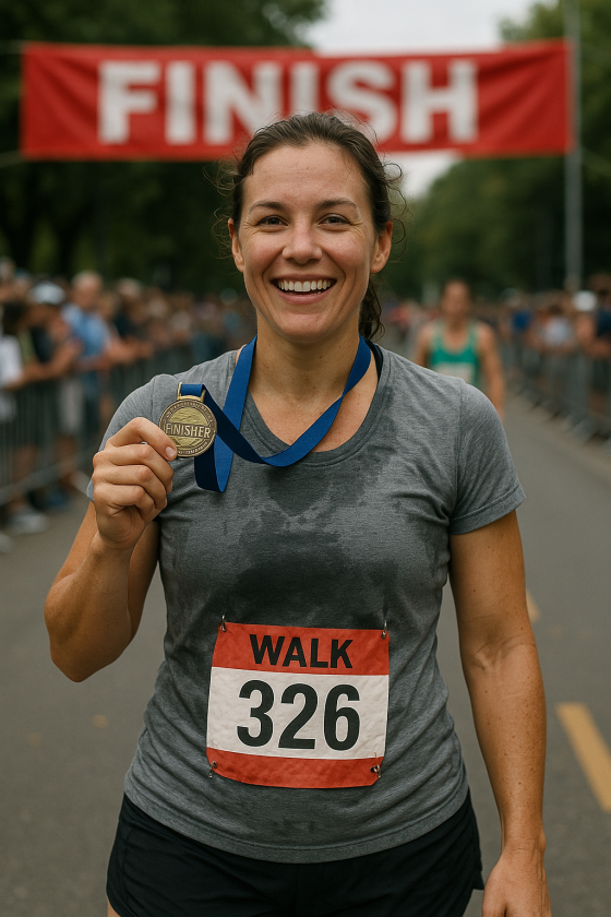 woman finishing a walking race, celebrating health, fitness, and longevity
