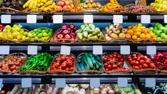 benefits of Fruits and Vegetables - in supermarket, emphasizing the benefits of fruits and vegetables such as essential vitamins, minerals, and fiber for a healthy diet.