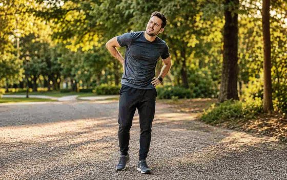 Man with lower back pain pausing on a park path