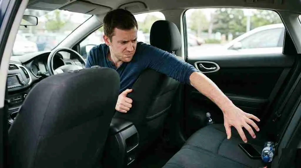 A seated driver twisting and reaching over the passenger seat for a phone on the back seat, wincing
