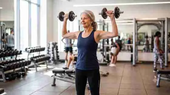 A fit 72-year-old woman doing a standing dumbbell shoulder press in a bright modern gym