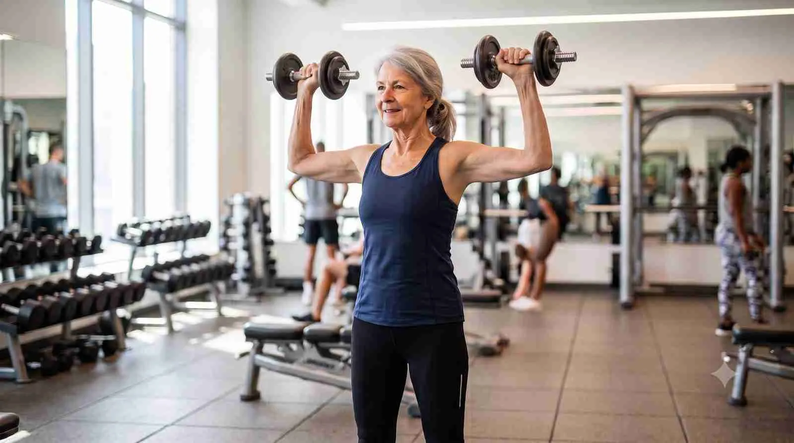 A fit 72-year-old woman doing a standing dumbbell shoulder press in a bright modern gym