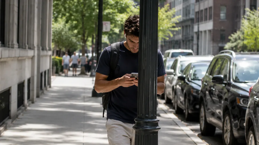 A man looking at his phone about to walk into a lamppost