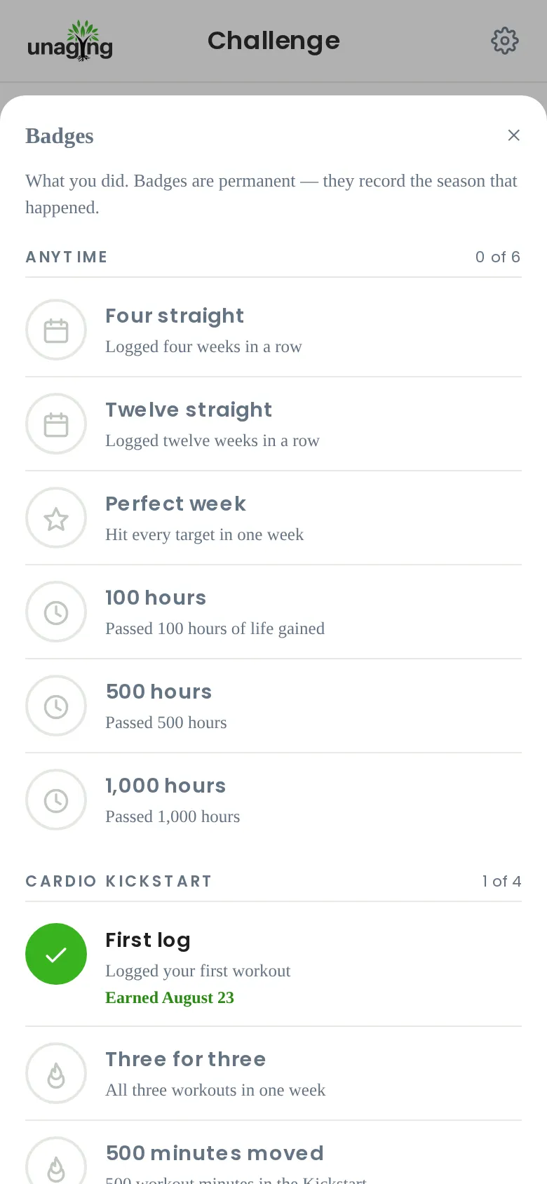 Unaging Challenge app badges: first log, streaks, step and plate milestones