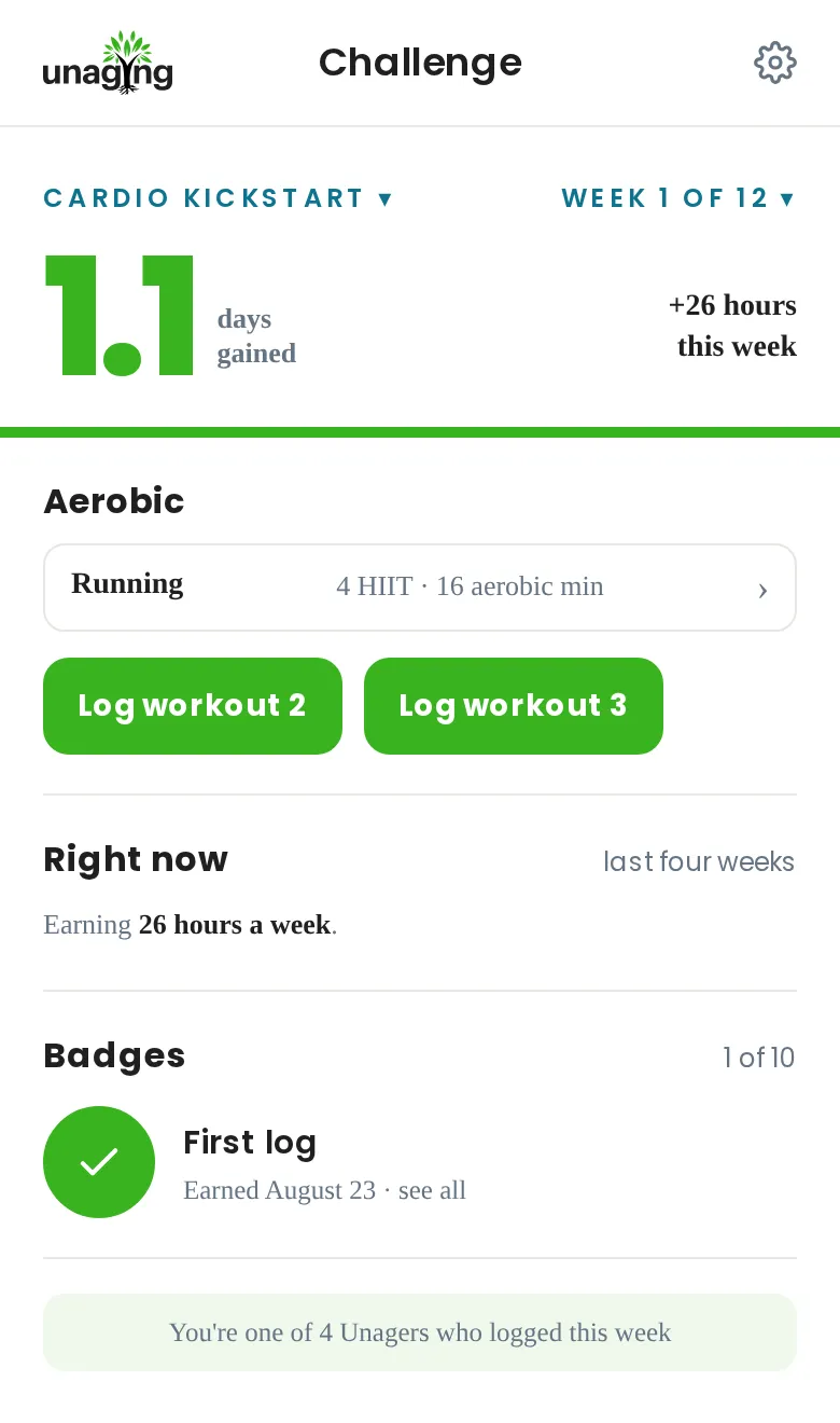 Unaging Challenge app home screen showing days of life gained in week 1