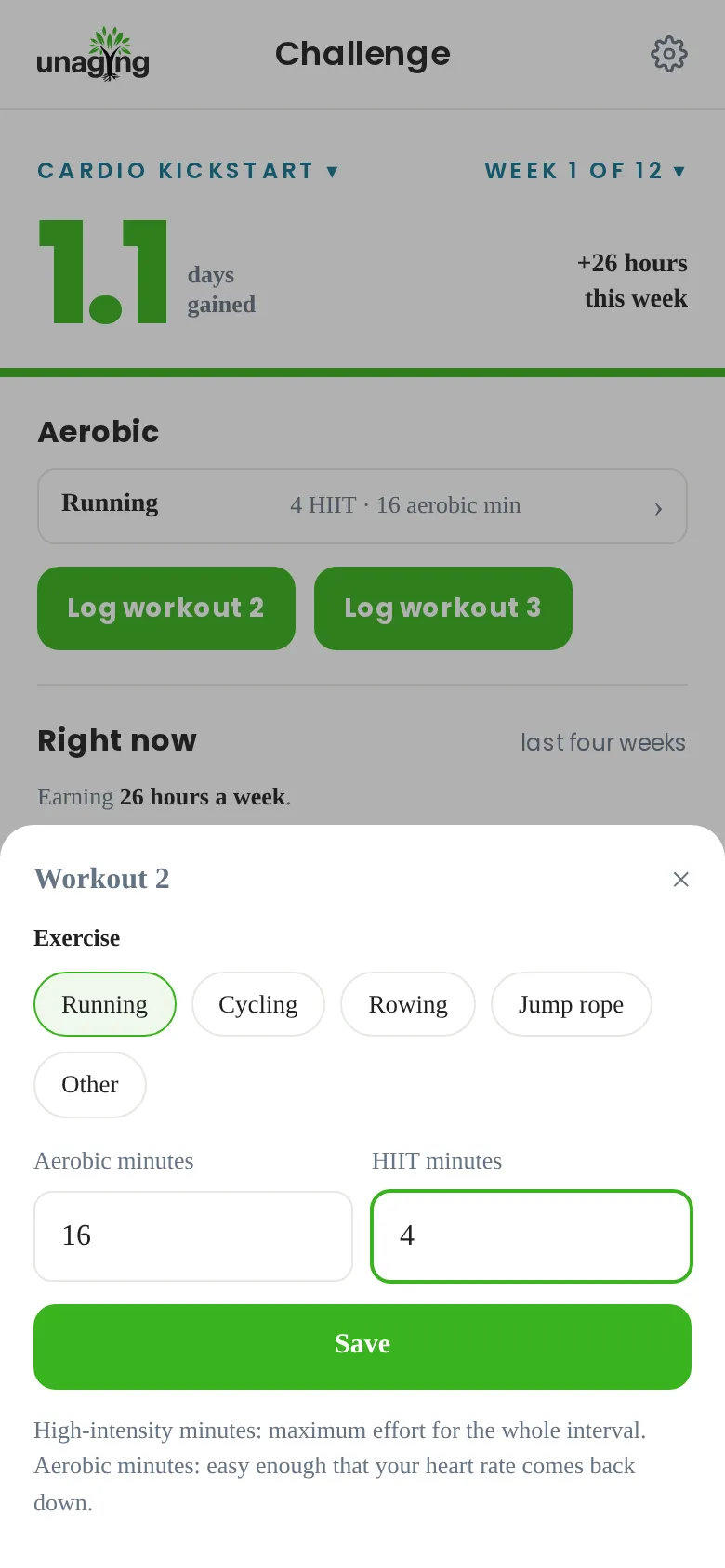 Logging a workout in the Unaging Challenge app: exercise, aerobic minutes, HIIT minutes