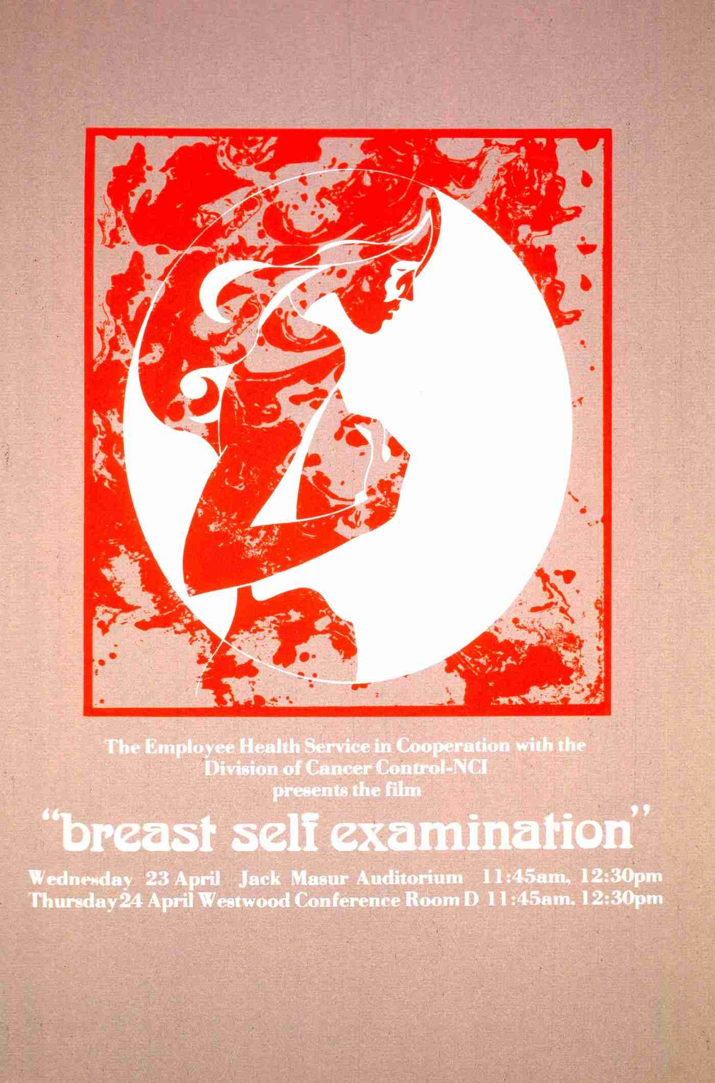 1970s NIH poster in orange Art Nouveau style advertising a screening of the film Breast Self Examination
