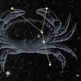 The constellation Cancer: a gold star figure forking to the claws of a faint engraved crab, over a photograph of the night sky