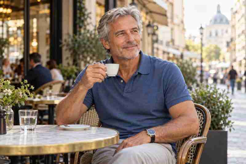 Fit gray-haired man enjoying coffee at an outdoor city café